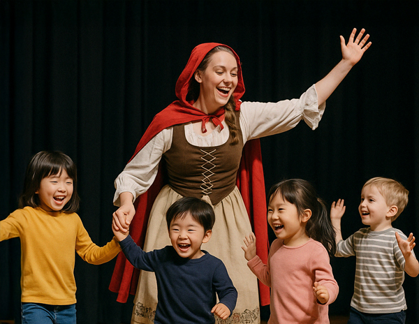 園児たちが英語劇に夢中で参加している様子(Theatre Power赤ずきん公演)